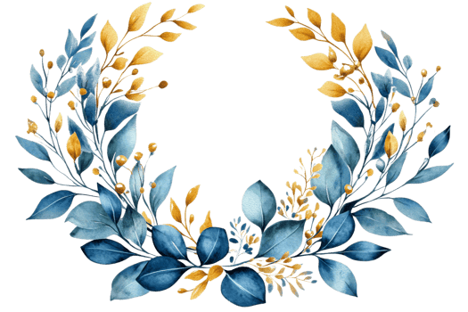 Floral wreath design with blue and gold leaves png
