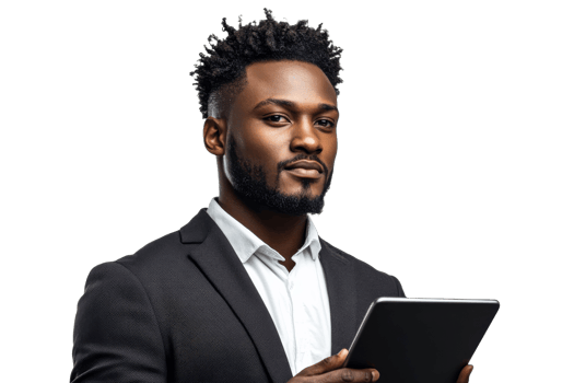 Confident young businessman holding a tablet, professional portrait png