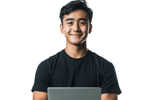 Smiling young man sitting with laptop indoors png