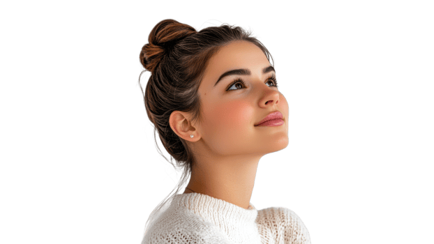 Woman with bun gazes upward thoughtfully png