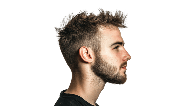 Young man showcasing modern hairstyle and beard png