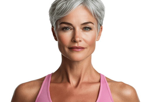 Confident woman in workout gear, short gray hair png