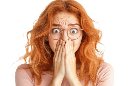 Surprised woman with red hair covering mouth png