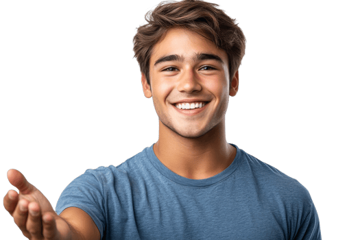 Young man offers a warm welcome with open hand png