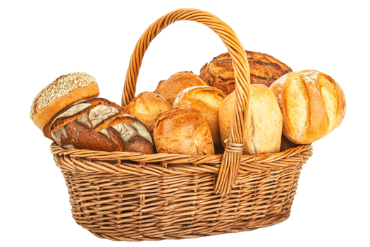 Freshly baked bread assortment in woven basket png