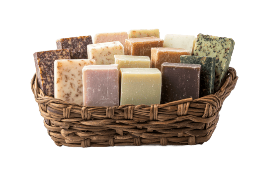 Collection of handmade soaps in a wicker basket png