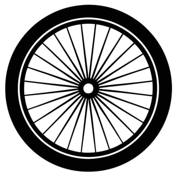 A bicycle wheel is shown in black and white vector