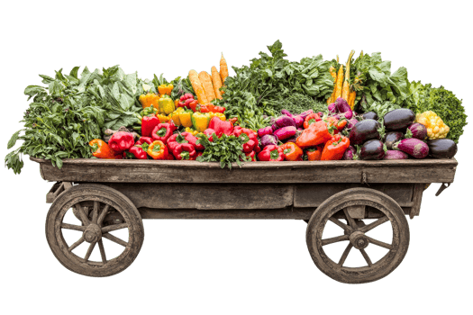 Fresh vegetables displayed on a rustic wooden cart transparent png