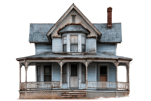 Old blue house with a weathered porch in disrepair png