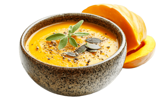 Seasonal pumpkin soup served garnished with herbs png