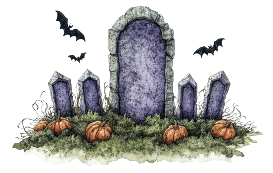 Eerie graveyard scene with pumpkins and bats png