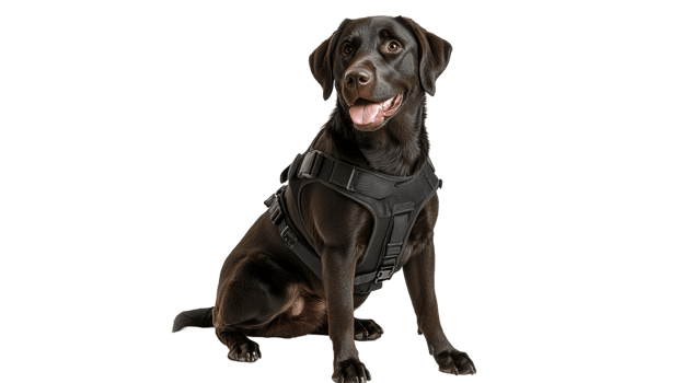 Confident black dog in a harness sits png