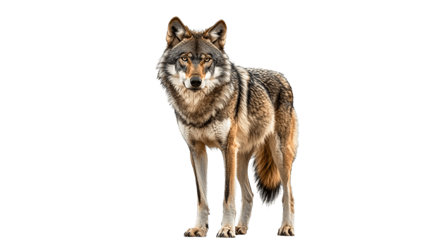 Close up view of a standing gray wolf outdoors png