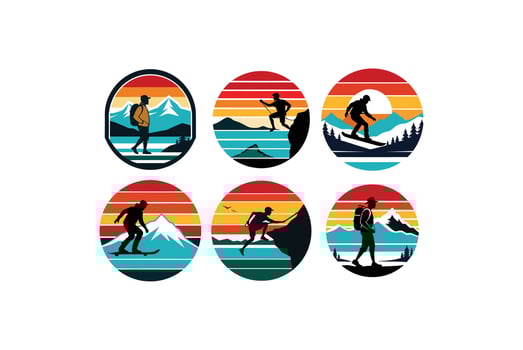 Retro Vintage T-Shirt Design Snowboarder, Rock Climber and Hiker Silhouettes on Scenic Background vector