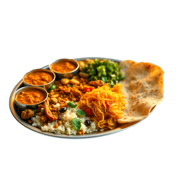Hearty Indian Thali, Featuring Lentils, Rice, and Flatbreads png
