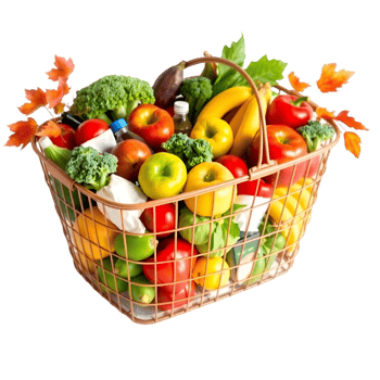 Colorful Grocery Basket, Fresh Produce, Household Essentials png