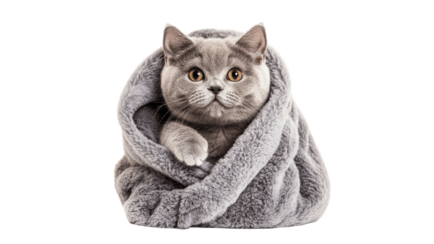 Cute gray cat wrapped snugly in soft blanket png