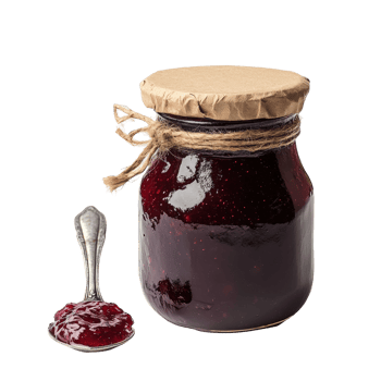 Delicious homemade berry jam in a glass jar with a spoon, rustic style, showcasing vibrant color and rich texture png