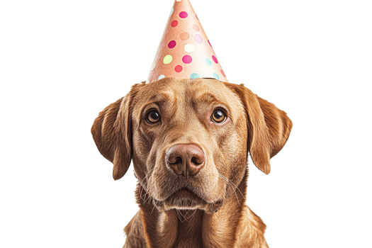 Dog wearing birthday hat with a serious expression png