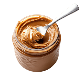 Smooth and Creamy Peanut Butter in a Jar with a Steel Spoon Perfect for Spreading on Bread or Cooking Treats png