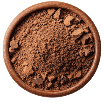 Rich Cocoa Powder in Brown Wooden Bowl with Dark Chocolate Chunks for Baking and Dessert Recipes png