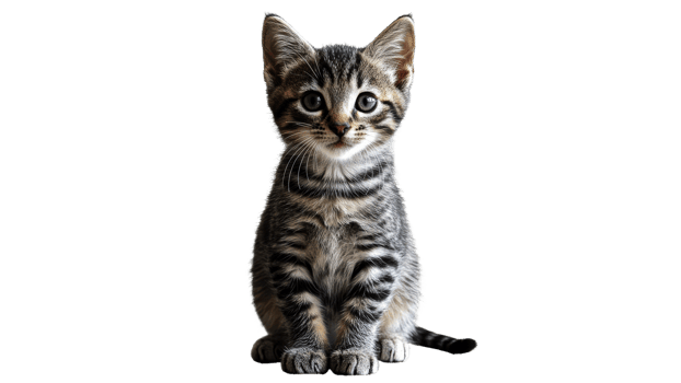 Small striped kitten poses with curiosity indoors png