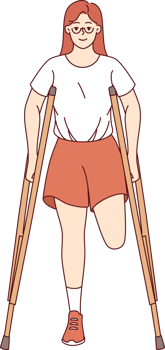 Leg amputation caused by chronic health problems in woman with disabilities using crutches. Happy girl smiles and shows positive emotions despite leg amputation causing problem in life png