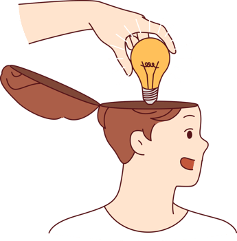 Mentor hand puts idea in shape of light bulb into man head, symbolizing training and valuable advice that causes personal development. Teacher giving idea to student during proper educational process png