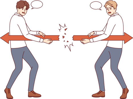 Opposite tactics of two business people pulling arrows in different directions causes conflict. Office clerks have opposite opinion, which interferes with implementation of KPI set by manager png