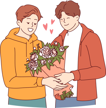 Gay man gives flowers to boyfriend during date and feels safe thanks to society tolerance for LGBT people. Gay guy receives bouquet from lover, on anniversary of relationship or on valentine day png