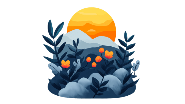 Beautiful sunset over mountains with flowers png
