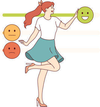 Woman with high emotional intelligence controls own behavior and moves emoji sliders. Positive girl with excellent emotional intelligence, taking care of optimistic mood to avoid stress png