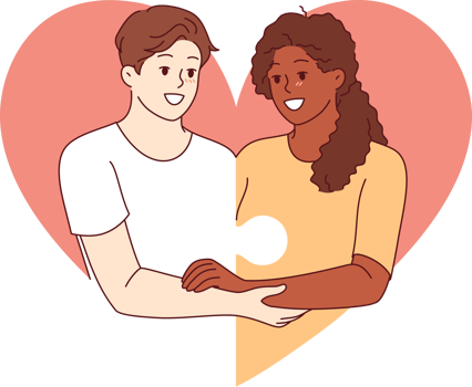 Love between diverse couple and with man and woman holding hands and consisting of puzzle pieces. Multiracial love or romantic relationships through mutual understanding or equality png