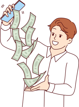 Business man earns money through mobile phone, and receives cash bills pouring out of smartphone screen. Guy makes money from e-commerce and completing simple tasks in internet application png