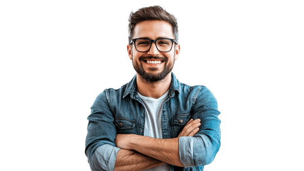 Smiling man with glasses and denim jacket png