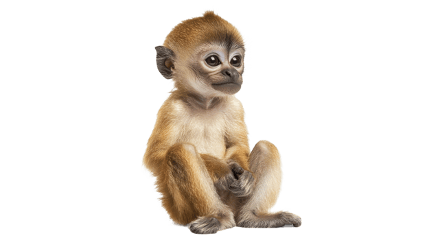 Young monkey sitting in a relaxed pose indoors png