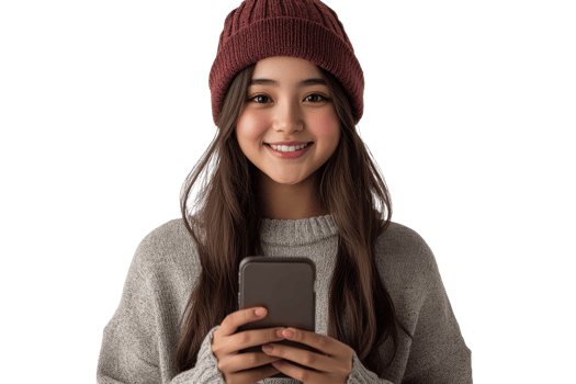 Young woman smiles with smartphone indoors png