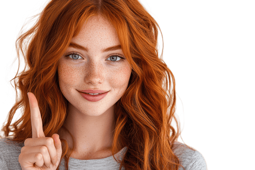 Smiling woman with red hair showing one finger png