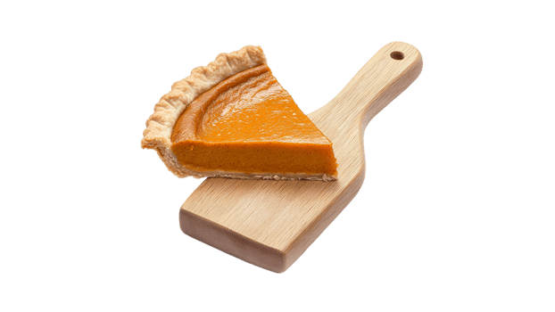 Slice of pumpkin pie on a wooden board png