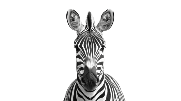 Striking close up of a zebra in black and white png