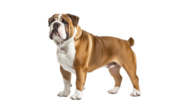 Bulldog stands proudly with strong posture indoors png