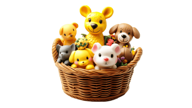 Colorful toy animals arranged in a wicker basket png