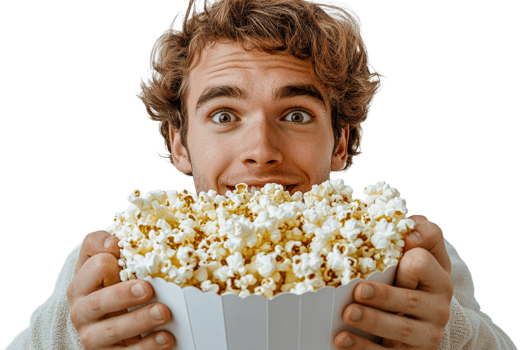 Excited young man holds a large bowl of popcorn png