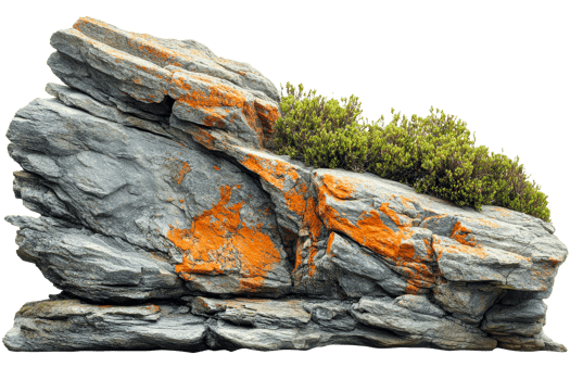 Rock formation with orange lichen and moss details png