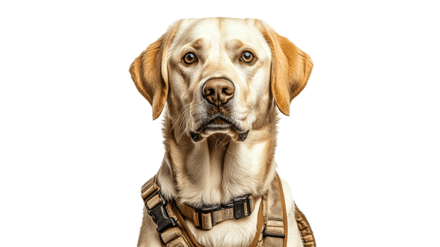 Labrador retriever in harness looking at camera png
