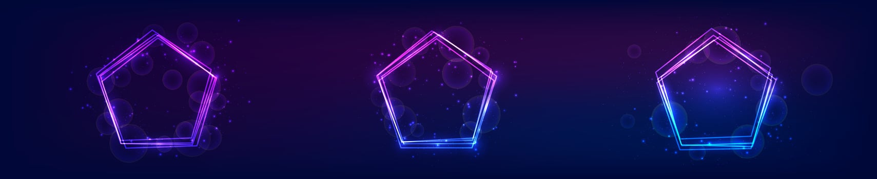 Set of three neon frames in pentagon form with shining effects and sparkles on dark background. Empty glowing techno backdrop. illustration vector