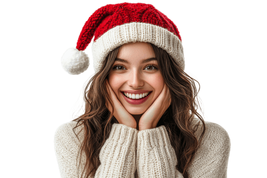 Smiling woman in Christmas hat with cozy sweater png