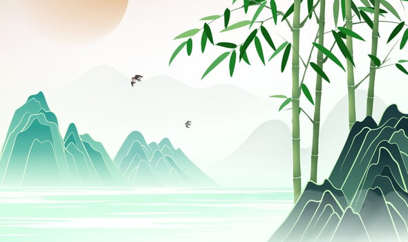 Chinese style banner illustration of bamboo and landscape by the lake vector