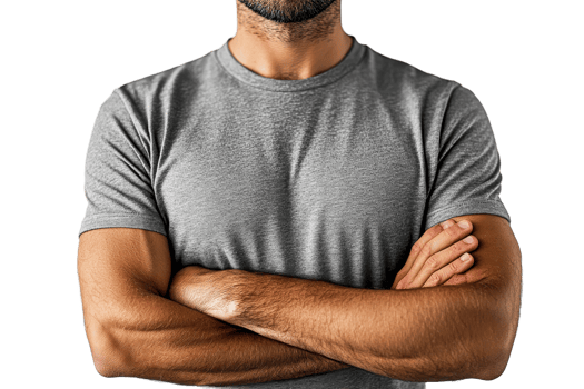 Man with crossed arms in a gray shirt png