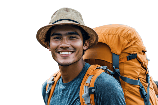 Smiling hiker with an orange backpack outdoors png